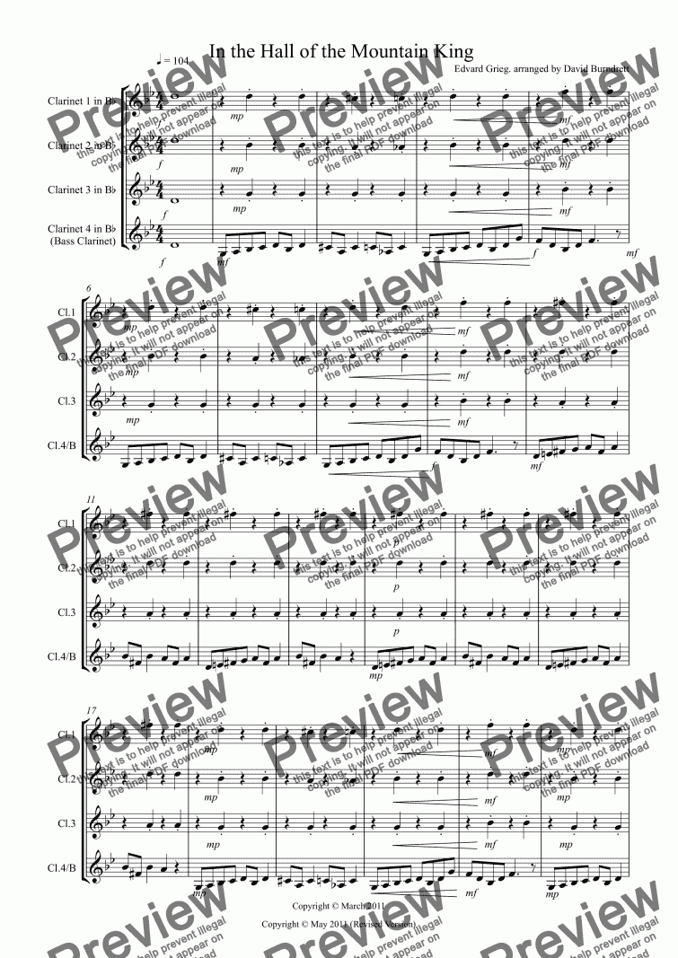 page one of In the Hall of the Mountain King for Clarinet Quartet