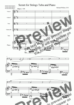 page one of Sextet for Strings Tuba and Piano