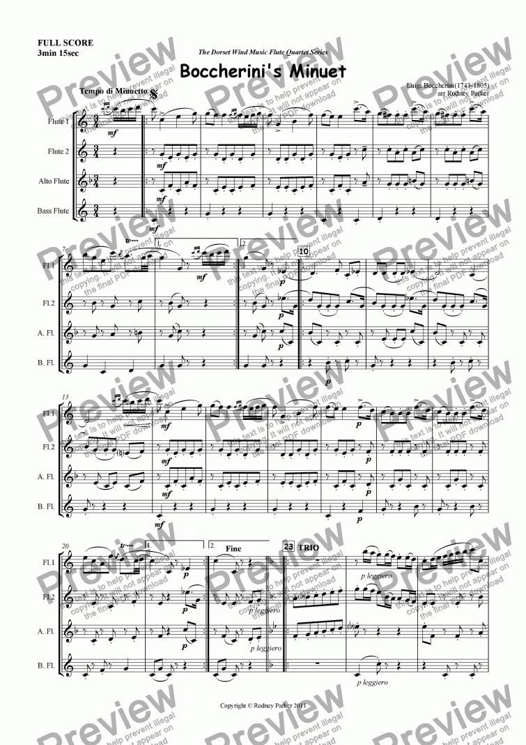 page one of Boccherini's Minuet arr. for Flute Quartet