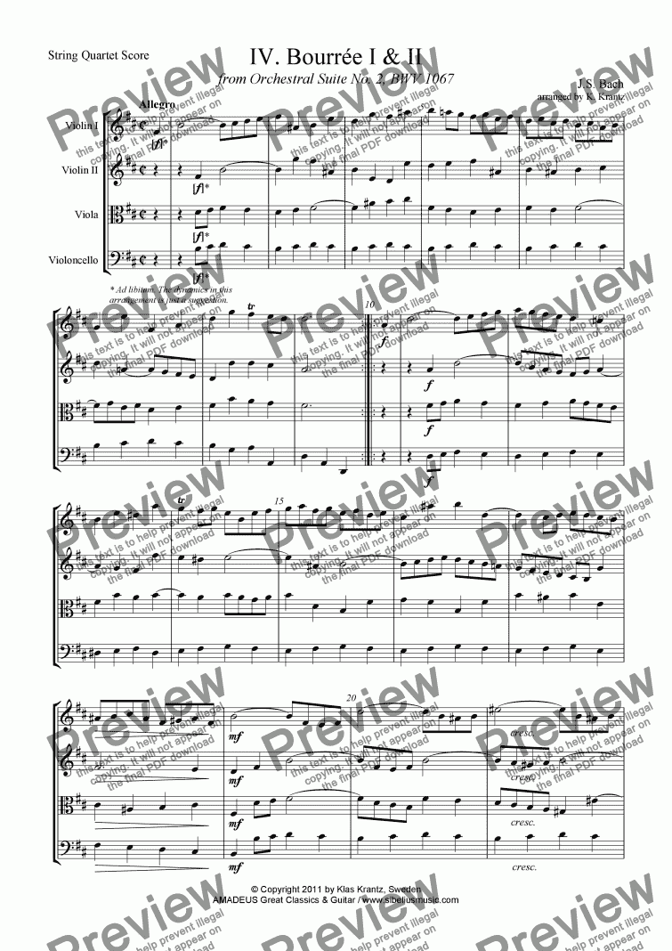 page one of Bourrée from Suite No. 2, BWV 1067 for string quartet