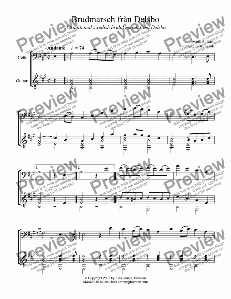 page one of Bridal March from Delsbo / Brudmarsch från Delsbo for cello and guitar