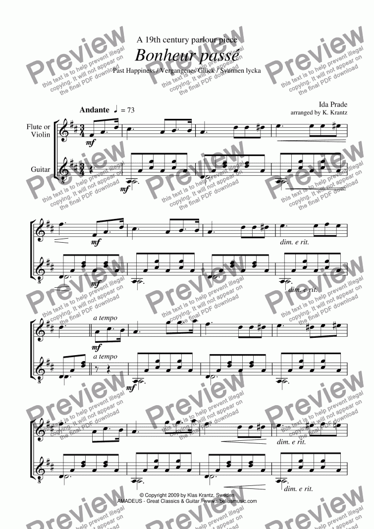 page one of Bonheur passé / Svunnen lycka for flute or violin and guitar