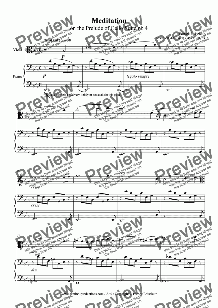 page one of Meditation on the Prelude of Cello Suite nb 4 (for Viola and Piano)