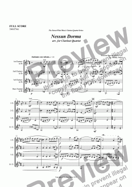 page one of Nessun Dorma  arr. for Clarinet Quartet
