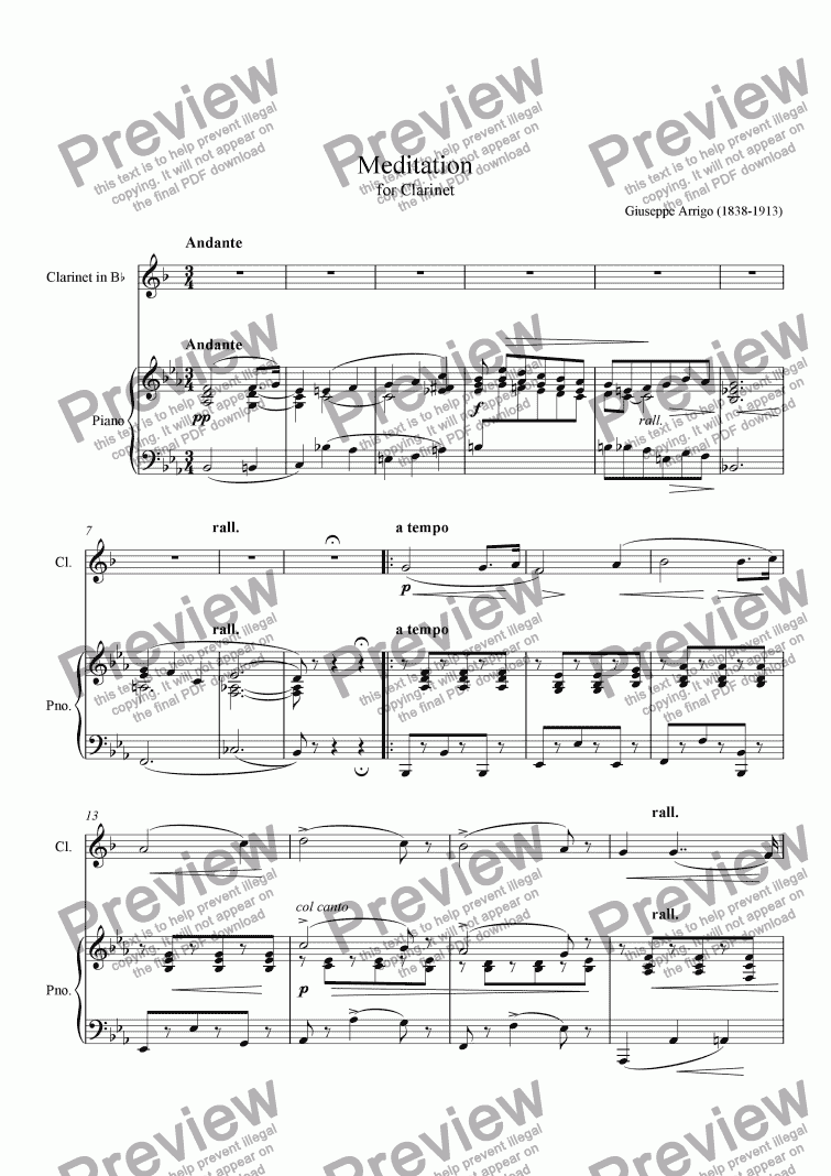 page one of Meditation for Clarinet