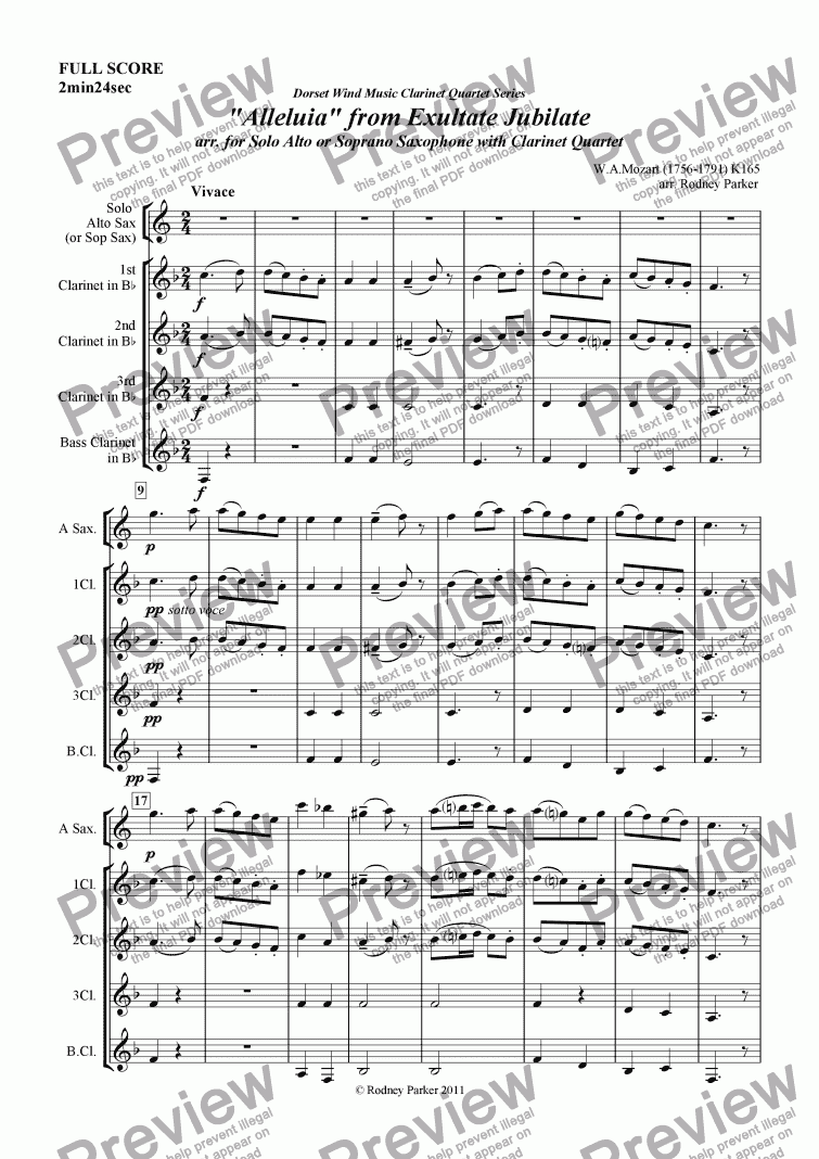 page one of "Alleluia" from Exultate Jubilate arr. for Solo Alto or Soprano Saxophone with Clarinet Quartet