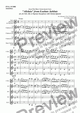 page one of "Alleluia" from Exultate Jubilate arr. for Solo Alto or Soprano Saxophone with Clarinet Quartet