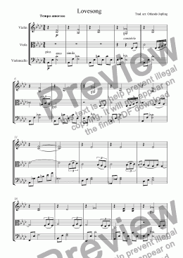 page one of Lovesong, beautiful melody arranged for string trio (violin, viola and cello)