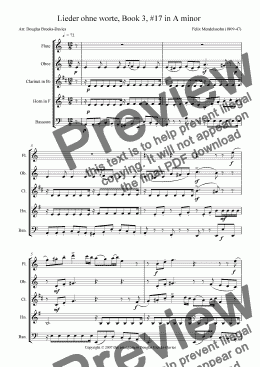 page one of Mendelssohn: Lieder ohne worte, Book 3, #17 in A minor for wind quintet
