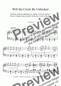 page one of Will The Circle Be Unbroken (piano)