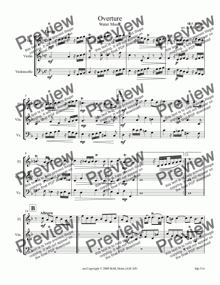 page one of Overture-Water Music (flute, violin, cello)