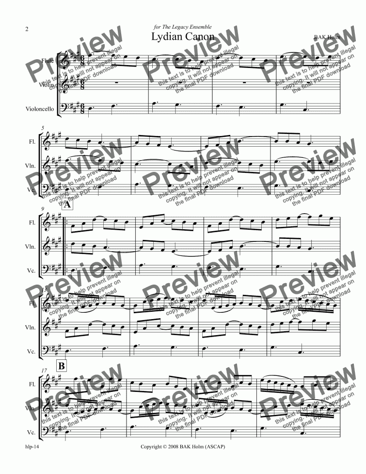page one of Lydian Canon (flute, violin, cello)