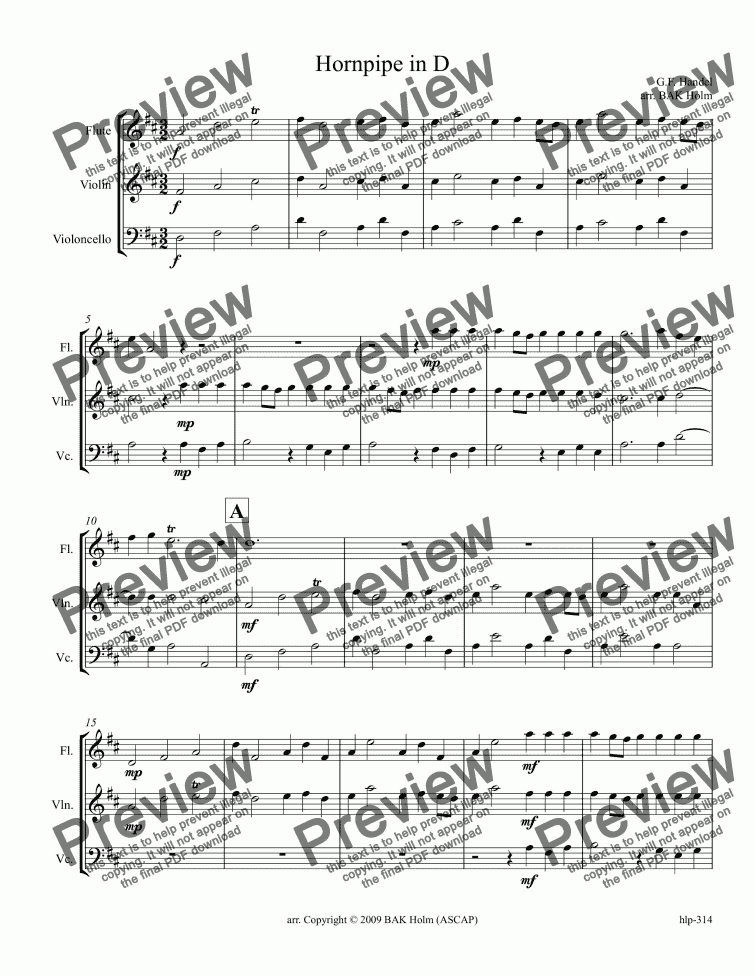 page one of Hornpipe in D (flute, violin, cello) Water Music