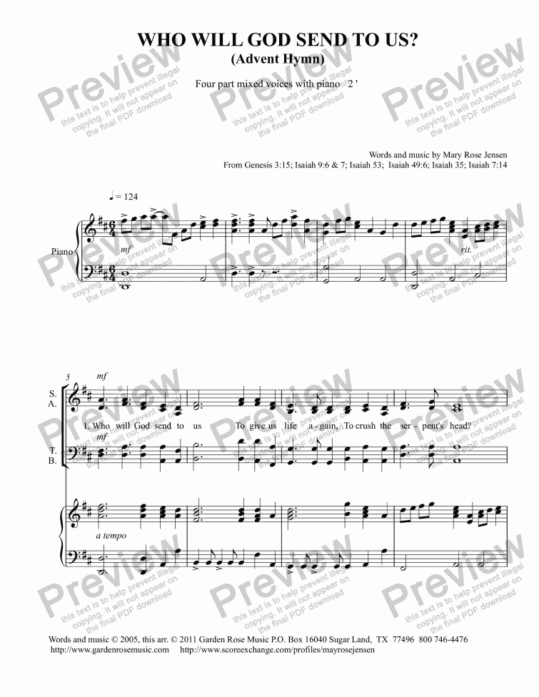 page one of Who Will God Send to Us?  (SATB + piano) Advent  Choral Anthem