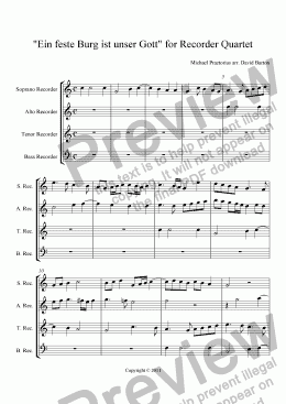 page one of Praetorius for Recorders: "Ein feste Burg" for Recorder Quartet