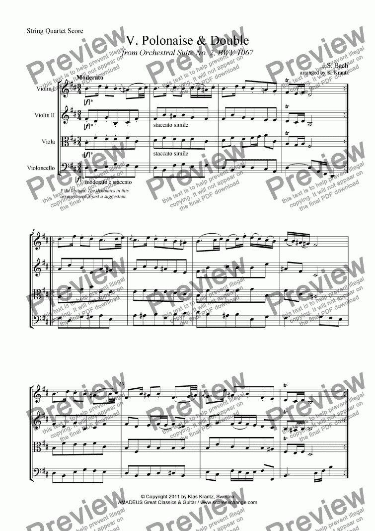 page one of Polonaise from Suite No. 2, BWV 1067 for string quartet