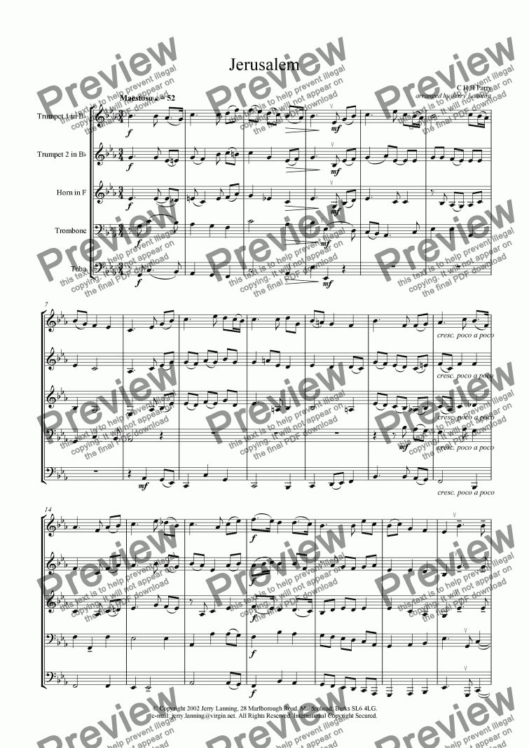 page one of Jerusalem (brass quintet) + mp3 file