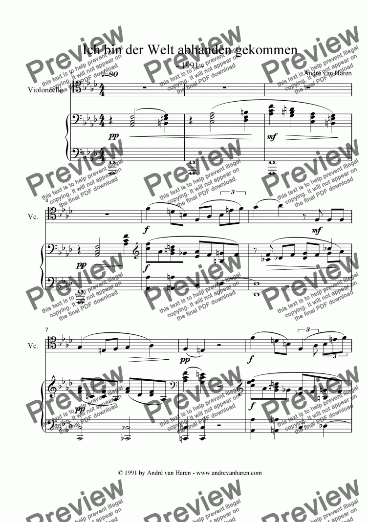 page one of Ich bin der Welt abhanden gekommen - Cello and Piano