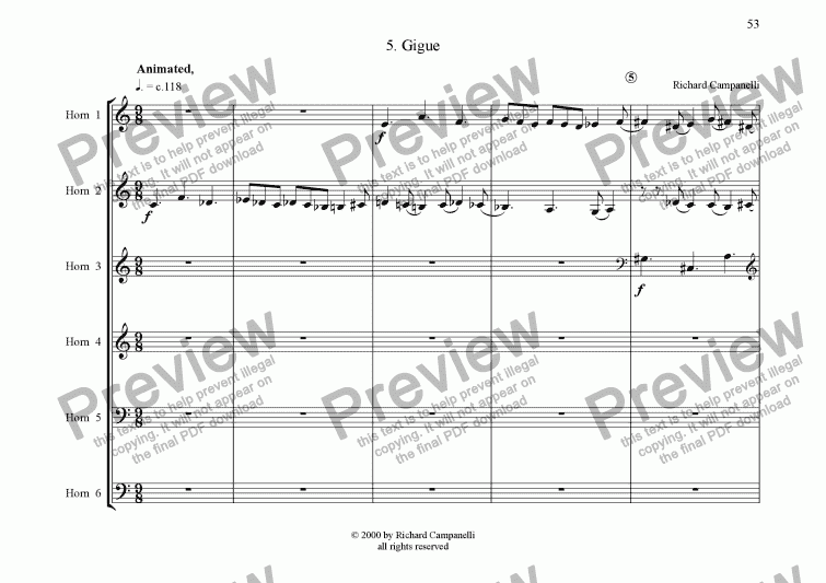 page one of Suite for Horn Sextet #5 Gigue