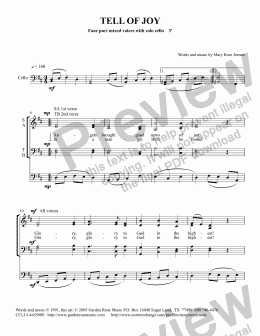 page one of Tell of Joy (SATB + cello) Christmas choral anthem