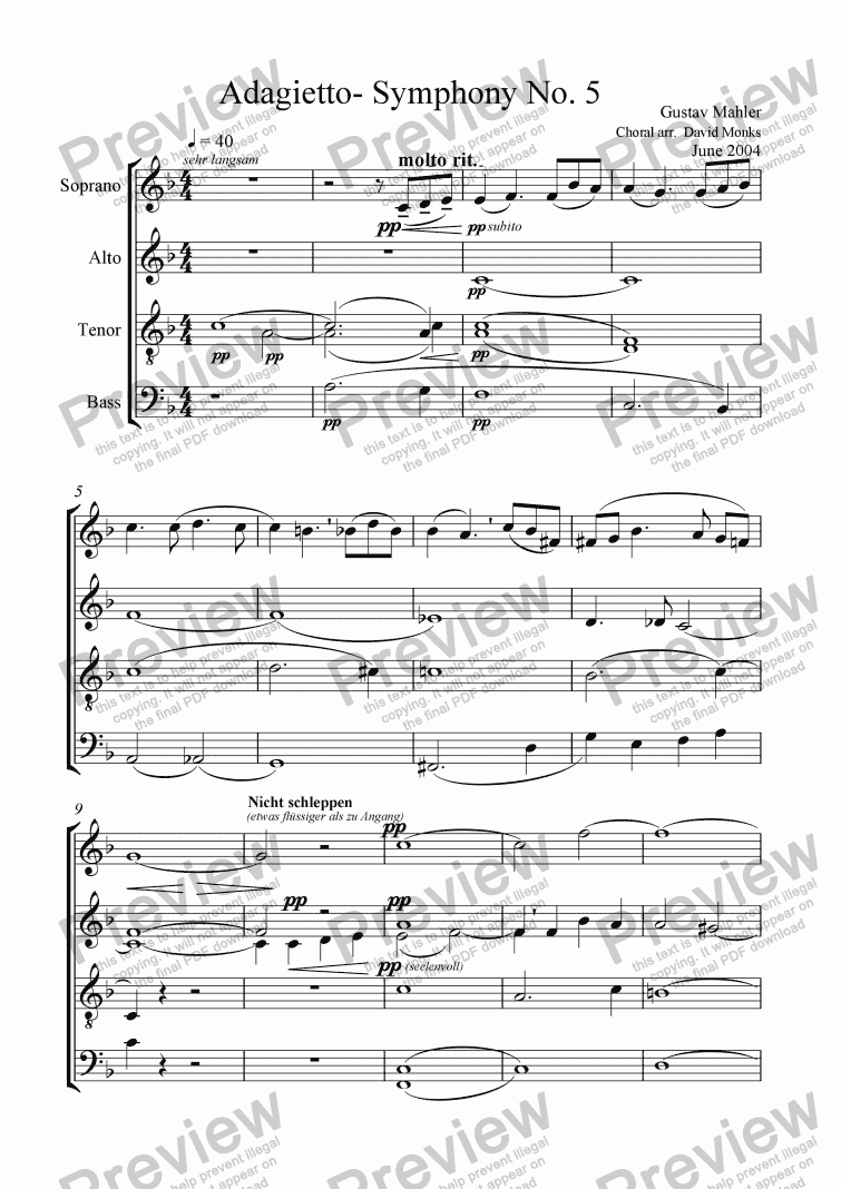 page one of Adagietto- Symphony No. 5