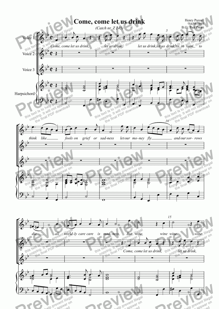 page one of Come let us drink (Purcell)