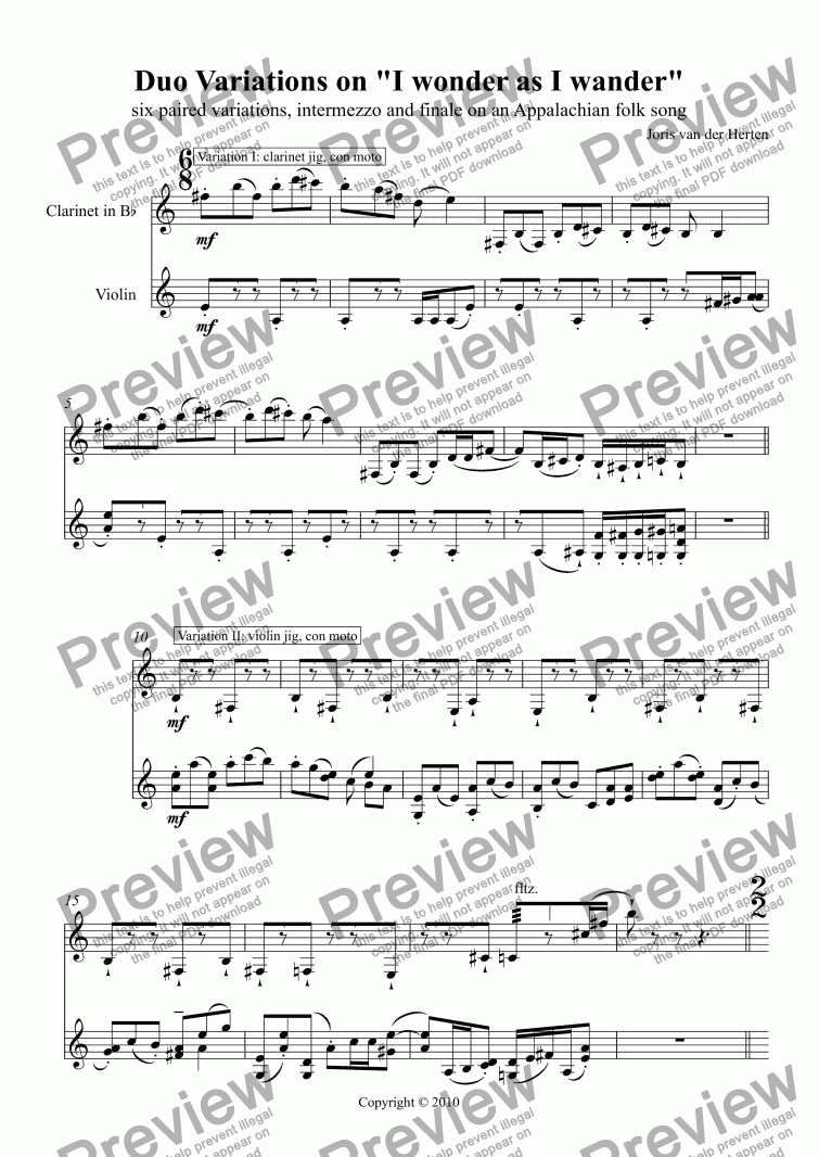 page one of Variations on "I Wonder As I Wander" (clarinet + violin)