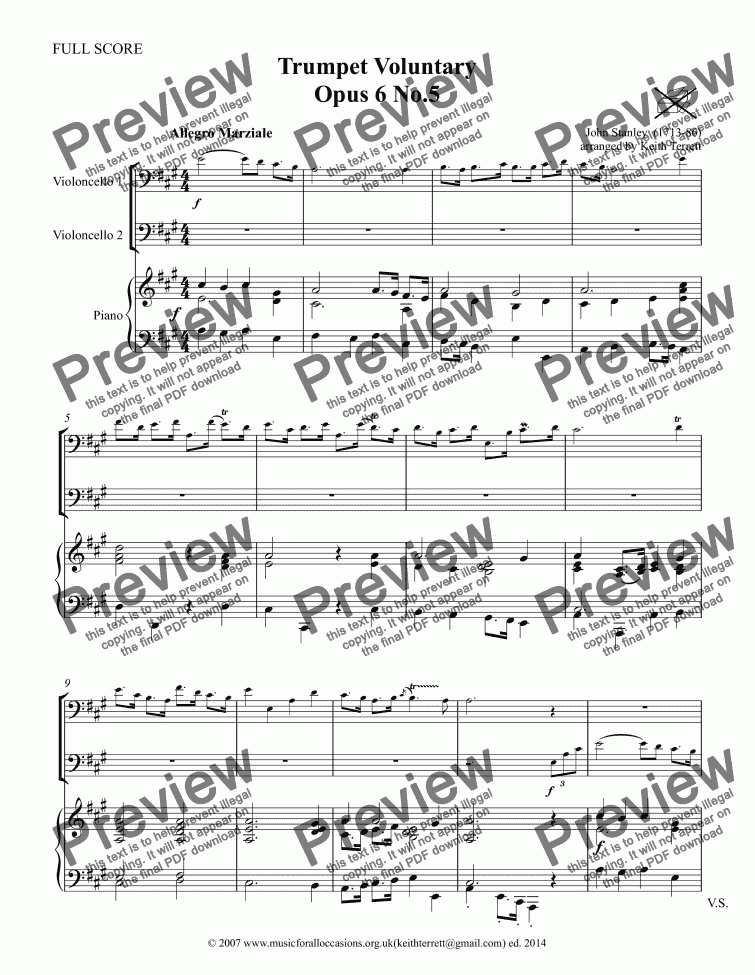 page one of Stanley Trumpet Voluntary (Opus 6 No.5) for 2 Cellos & Piano