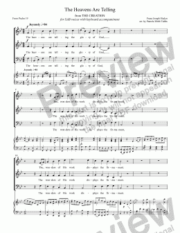 page one of The Heavens Are Telling (HAYDN) from The Creation (from Psalm 19) for 3-part SAB voices with piano accompaniment arr. by Pamela Webb Tubbs