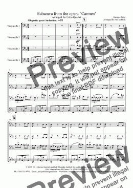 page one of Habanera from "Carmen" for Cello Quartet