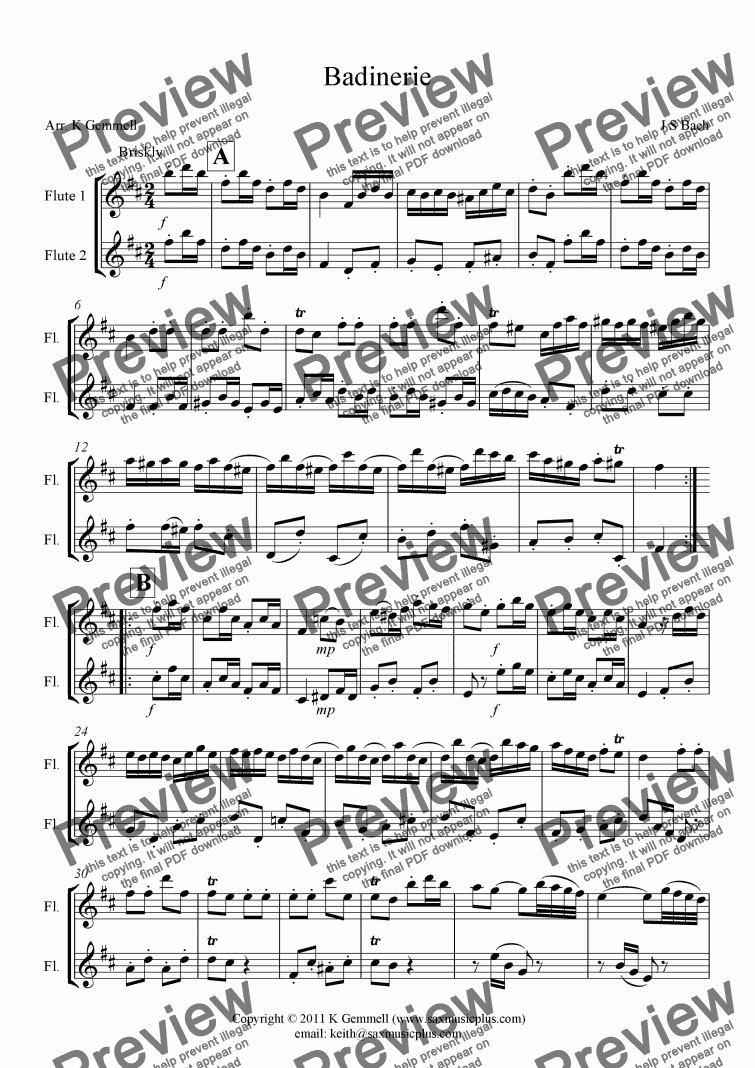 page one of Badinerie – flute duet