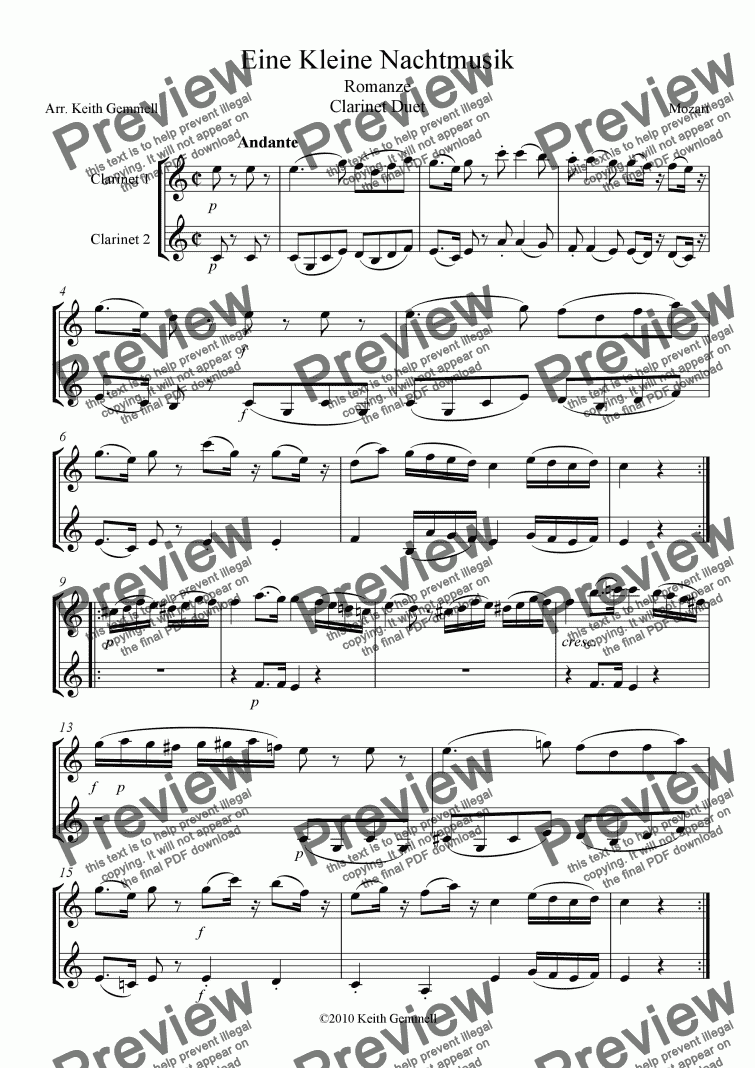page one of Eine Kleine Nachtmusik (Romanze) – Clarinet Duet