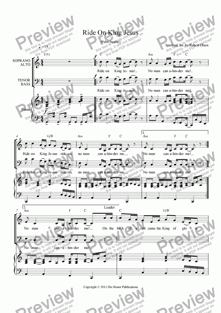 Ride On King Jesus Palm Sunday For Choir Keyboard By Spiritual Arr By Robert Olson Sheet Music Pdf File To Download