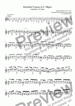 page one of Pachebel Canon in C Major, originally in D Major