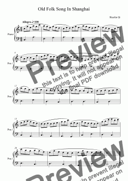 page one of <b>Old Folk Song In Shanghai</b> for Piano Beginner