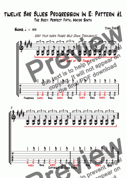 page one of Twelve Bar Blues Progression in E: (Perfect 5th/Major 6th) Pattern One