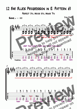 page one of Twelve Bar Blues Progression in E: (Perfect 5th/Major 6th/Minor 7th) Pattern One