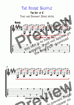 page one of The Boogie Shuffle Solo in E (Tonic and Dominant Drone Notes)