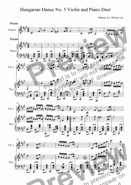 page one of Hungarian Dance No. 5 Violin and Piano Duet
