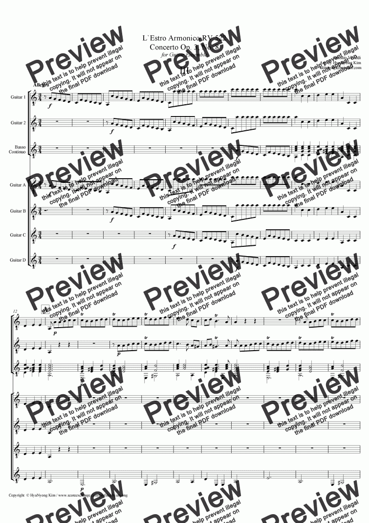page one of L`Estro Armonico RV522 (3rd Mov) Concerto Op. 3, No. 8 for Guitar Ensemble