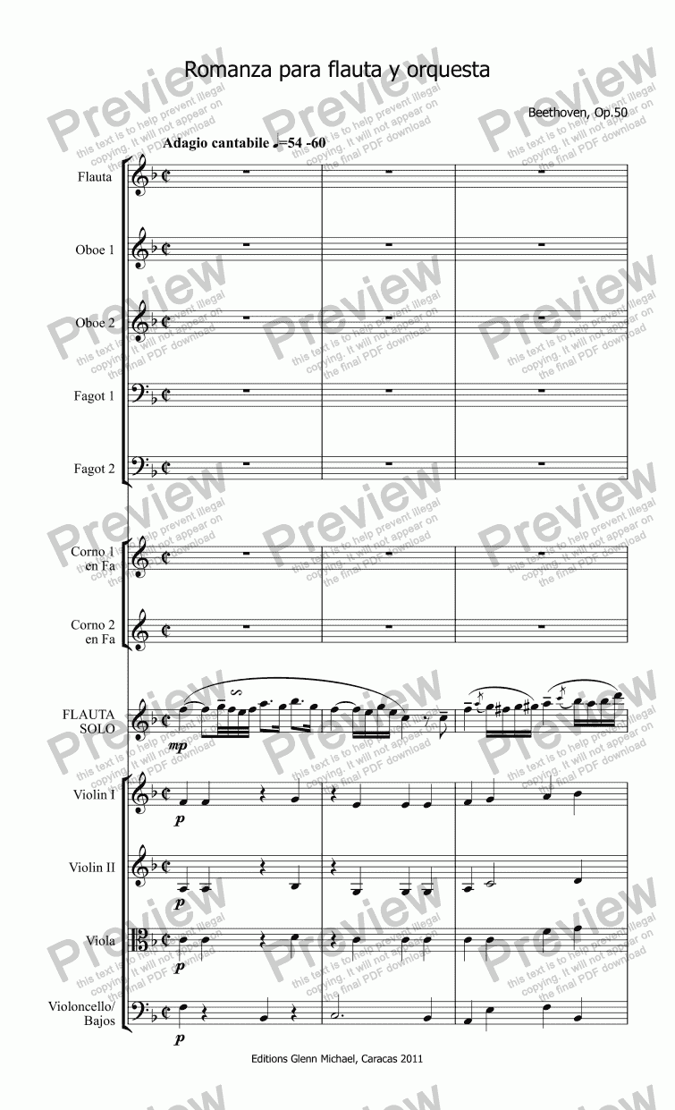 page one of Beethoven Romanza for Flute & Orchestra