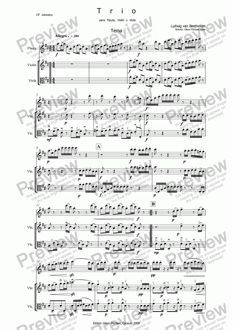 page one of Beethoven, Trio for flute,  Violin  y  Viola