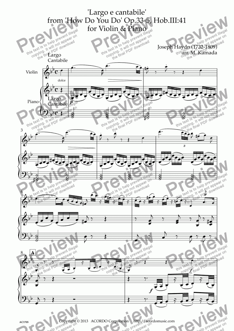 page one of ’Largo e cantabile’  from ’How Do You Do’ Op.33-5, Hob.III:41 for Violin & Piano
