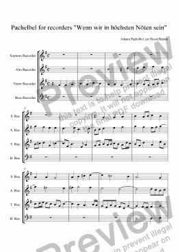 page one of Pachelbel for recorders "Wenn wir in höchsten Nöten sein"
