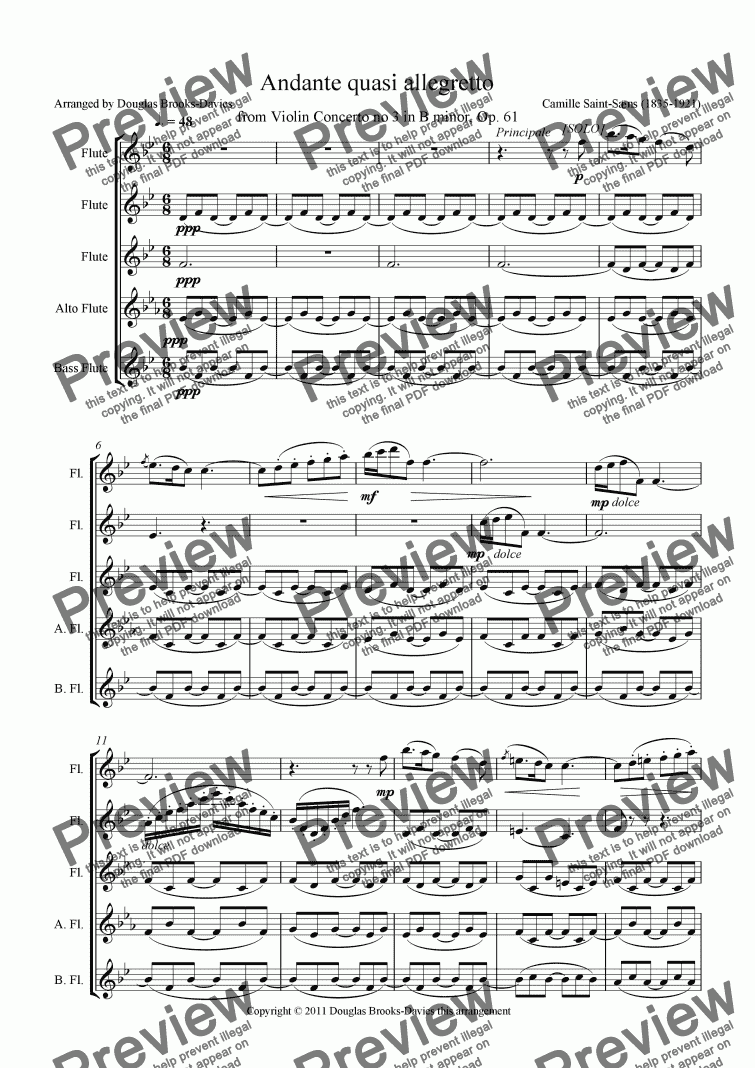 page one of SAINT-SAENS: Andante quasi allegretto (from Violin Concerto no 3) for Flute Choir (3fl, afl, bassfl)