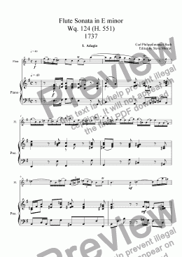 page one of Flute Sonata in E minor Wq. 124 (H. 551) 1737