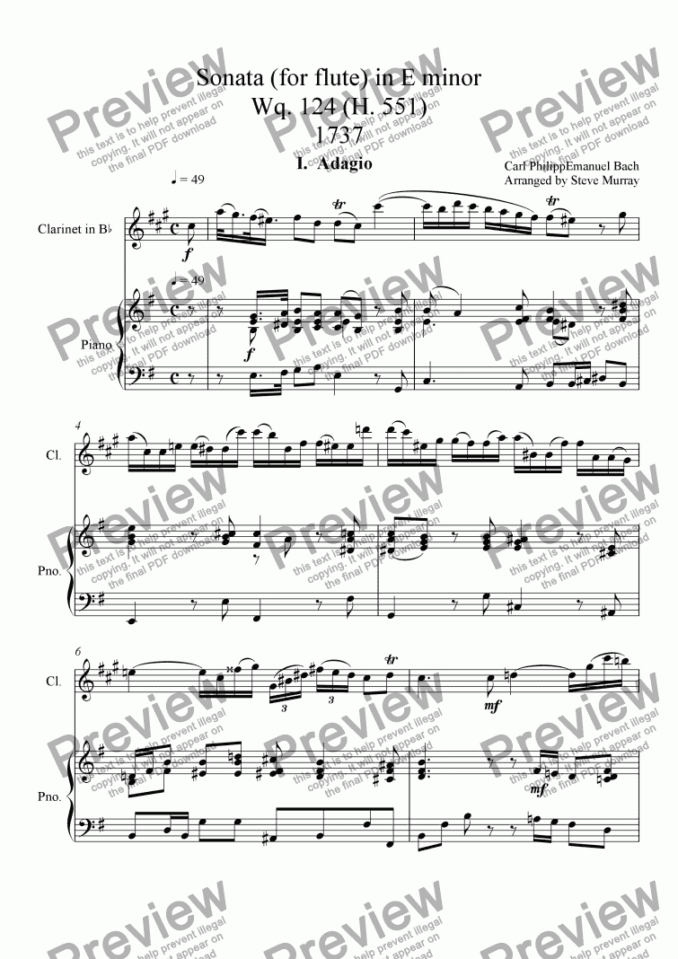 page one of Sonata (for flute) in E minor Wq. 124 (H. 551) 1737