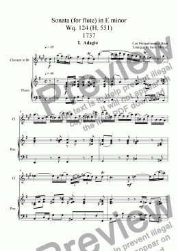page one of Sonata (for flute) in E minor Wq. 124 (H. 551) 1737