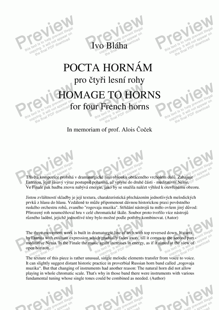 page one of POCTA HORNÁM pro 4 lesní rohy - HOMAGE TO HORNS for four French horns