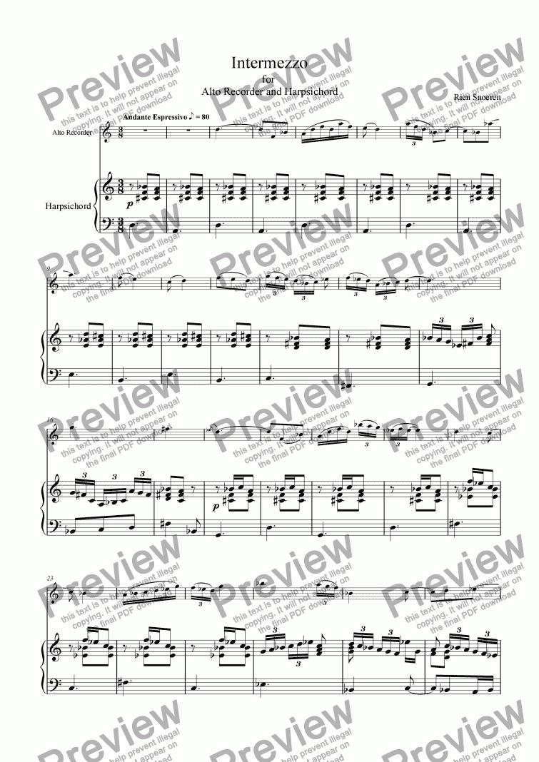 page one of Intermezzo for Alt-recorder and Harpsichord